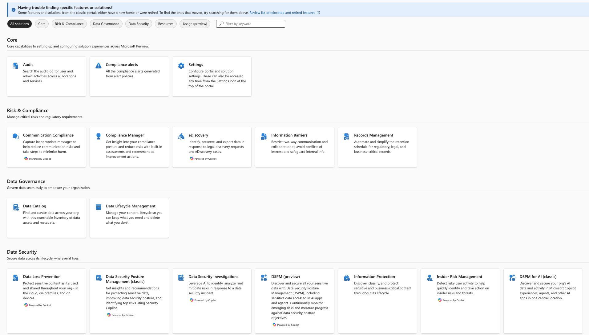 Overview diagram showing the main solution areas in Microsoft Purview