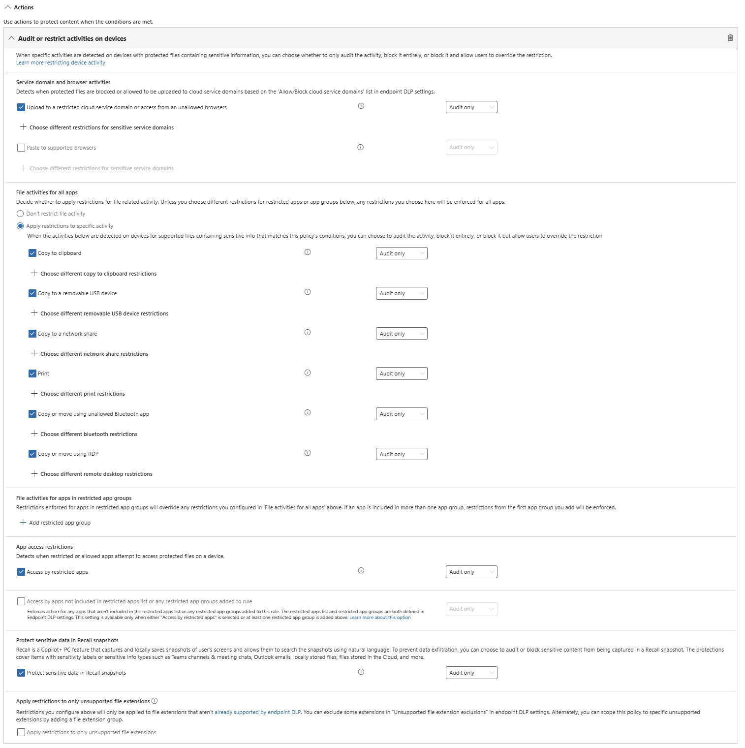 Audit or restrict activities options in DLP policy creation for Devices