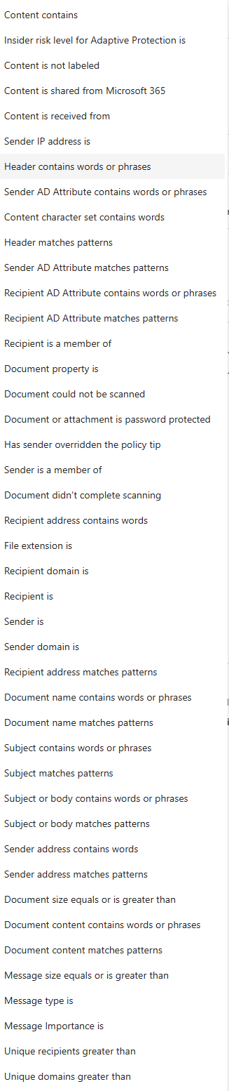 Condition options in DLP policy creation for Exchange