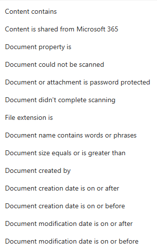 Condition options in DLP policy creation for SharePoint & OneDrive
